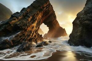 ai genererad vågor på kust sten bildning, soluppgång och solnedgång tapet foto