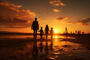 ai genererad familj bindning på de strand som de Sol set, sommar landskap bild foto