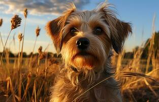 ai genererad attraktiv hund i gyllene vete fält, djur- fotografi bilder foto