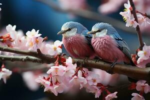 ai genererad fåglar mitt i blomstrande grenar, vår fotografi foto