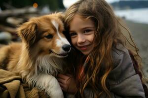 ai genererad en liten flicka kramar en hund glatt på de strand, djur- fotografi bilder foto