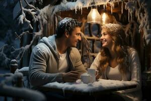 ai genererad varm kakao ögonblick för de par i en vinter- stuga scen, alla hjärtans dag, dejting och kärlek förslag bild foto
