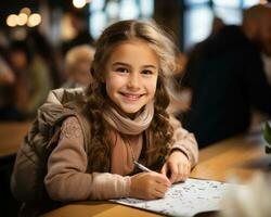 ai genererad Lycklig liten konstnär flicka njuter själv medan doodling på papper, utbildning bilder för hemsida foto