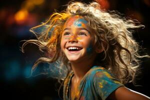 ai genererad ung flicka Lycklig firande med färgrik pulver, holi festival bild ladda ner foto