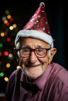 ai genererad senior i fest hatt och Häftigt glasögon, Lycklig aktiva seniors bilder foto