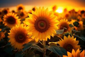 ai genererad solrosor i full blomma under de värma glöd av de miljö Sol, miljö- bilder foto