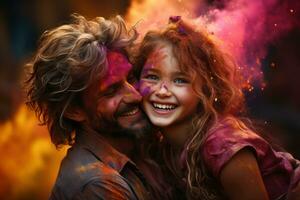 ai genererad far och barn spelar med färger fira hej, holi festival bild ladda ner foto