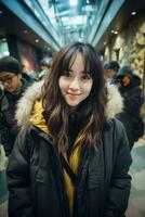 ai genererad Foto av ung asiatisk flicka i de tunnelbana angående de betydelse av offentlig transport