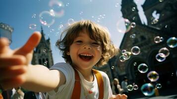 ai genererad liten pojke löpning lyckligt bland bubblor. generativ ai foto