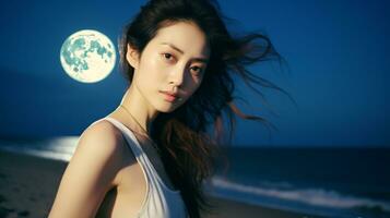 ai genererad skön asiatisk kvinna i främre av månsken på de strand. generativ ai foto