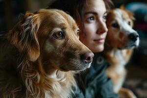 ai genererad uppriktig Foto av kvinna veterinär och gyllene retriever