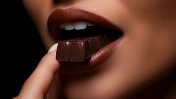 ai genererad närbild skott av kvinnas mun äter choklad foto
