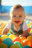 ai genererad en Lycklig bebis med ner syndrom bland tvål ballonger foto