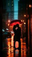 ai genererad en par har emotionell stunder under ett paraply på en regnig gata foto