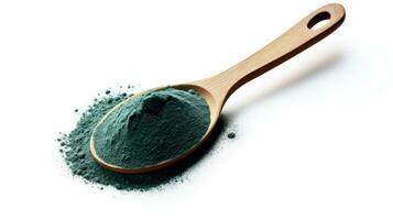 ai genererad spirulina eller Chlorella grön pulver i en trä- sked på en vit bakgrund. torkades tång. supermat. matcha pulver. närbild. mat tillägg. för reklam, förpackning, märka, marknadsföra foto