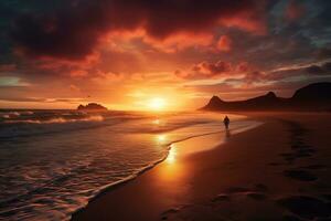 ai genererad Fantastisk strand solnedgång med ändlös horisont och ensam siffror i de distans, och otrolig skummig vågor. vulkanisk kullar i de bakgrund. foto