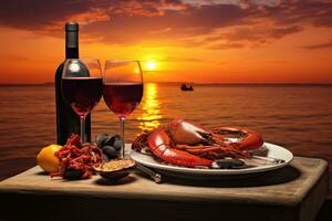 ai genererad romantisk middag på de strand på solnedgång. hummer, lax, kaviar, croissanter och vin, middag med skaldjur och röd vin mot de bakgrund av en hav solnedgång, ai genererad foto