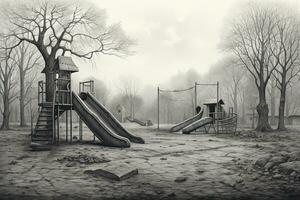 ai genererad barn lekplats i de dimmig parkera. svart och vit Foto, ai genererad foto