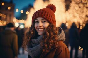 ai genererad skön ung kvinna med röd lockigt hår bär värma hatt och scarf på de bakgrund av jul lampor, skön flicka har underbar tid på traditionell jul marknadsföra foto