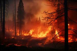 ai genererad skog brand i de natt. brinnande träd i de skog. vild natur, konceptuell bild av en brinnande skog, brand, och rök i de kväll, ai genererad foto