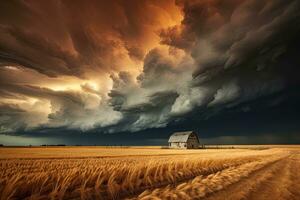 ai genererad dramatisk stormig himmel över en vete fält med en ladugård, ai genererad foto