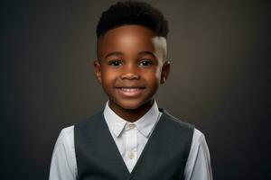 ai genererad afroboy handla om 8 år gammal leende, professionell studio fotografi, ai genererad foto