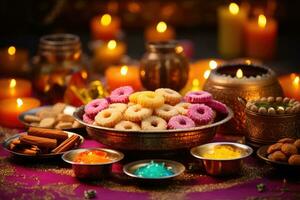 ai genererad indisk festival diwali, diwali eller deepawali, traditionell sötsaker och godis, diwali sötsaker och behandlar visas mot en färgrik festlig bakgrund, ai genererad foto