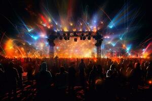 ai genererad skede lampor och folkmassan av människor på en musik festival. konsert bakgrund, ai genererad foto