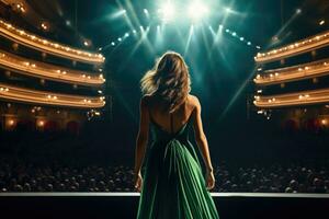 ai genererad bak- se av ung kvinna i grön klänning stående i främre av de skede, tillbaka se av en flicka i en grön kväll klänning uppsättning mot de bakgrund av en konsert hall, ai genererad foto