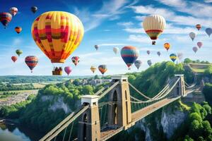 ai genererad färgrik varm luft ballonger flygande över de stad. resa begrepp, clifton suspension bro med varm luft ballonger i de bristol ballong fiesta i augusti, ai genererad foto