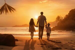silhuett av Lycklig familj på de strand på skön solnedgång bakgrund, bak- se av en Lycklig familj gående hand i hand ner en paradis strand under solnedgång, ai genererad foto