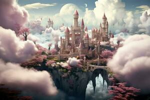 ai genererad nyckfull moln slott, flytande hög ovan de värld, tillgänglig endast till drömmare - generativ ai foto