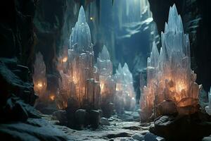 ai genererad blänkande kristall golems skyddande dold skatter i isig grottor - generativ ai foto