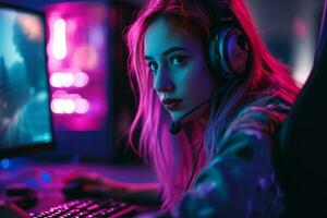 ai genererad kvinna gamer använder sig av dator i rum med neon lampor foto