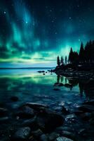 ai genererad aurora borealis över fjord foto