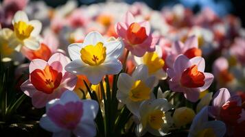 ai genererad färgrik krokusar blomning i de trädgård. vår bakgrund foto