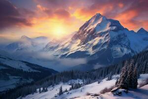 ai genererad vinter- soluppgång över bergen - generativ ai foto