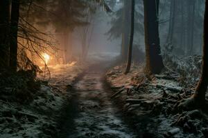 ai genererad vinter- dimmig skogar - generativ ai foto