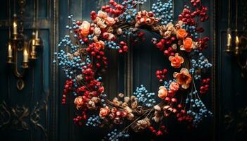 ai genererad vinter- firande rustik trä dekor, upplyst jul prydnad krans genererad förbi ai foto