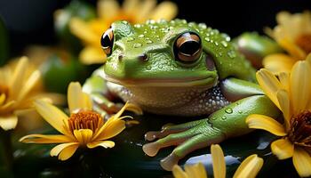 ai genererad en söt padda Sammanträde på en våt blad, ser på kamera genererad förbi ai foto