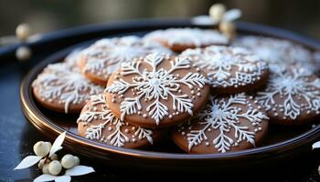 ai genererad hemlagad choklad småkakor på rustik trä tabell, vinter- flathet genererad förbi ai foto