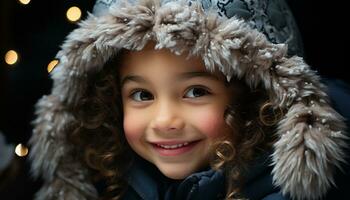 ai genererad leende vinter- flicka, söt porträtt, glad utomhus, ser på kamera genererad förbi ai foto
