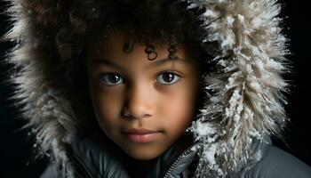 ai genererad söt barn leende, ser på kamera, i vinter- porträtt genererad förbi ai foto
