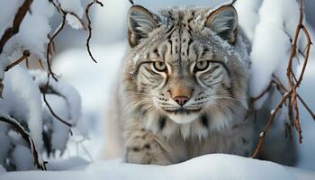 ai genererad snö leopard ser på kamera i vinter- skog genererad förbi ai foto