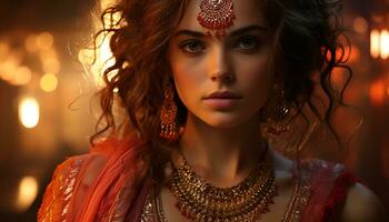 ai genererad skön ung kvinna i traditionell indisk Kläder genererad förbi ai foto