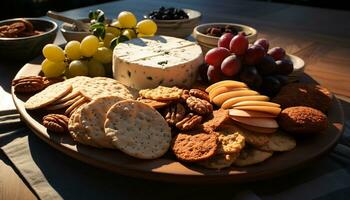 ai genererad gourmet mellanmål, färsk frukt, bröd, och ost genererad förbi ai foto