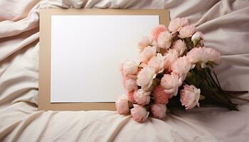 ai genererad romantisk sovrum med färsk blomma bukett på säng genererad förbi ai foto