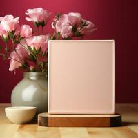 ai genererad trä- tabell med vas av rosa tulpaner genererad förbi ai foto