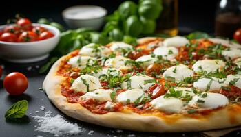 ai genererad färsk hemlagad pizza med mozzarella, tomat, och basilika genererad förbi ai foto