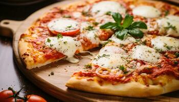 ai genererad nyligen bakad pizza med mozzarella, tomat, och örter genererad förbi ai foto